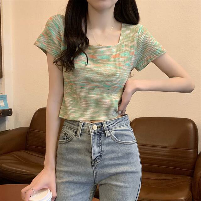Women's 2025 summer new T-shirt Korean style fashion rainbow color soft glutinous square collar short-sleeved top inner wear ins