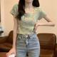 Women's 2025 summer new T-shirt Korean style fashion rainbow color soft glutinous square collar short-sleeved top inner wear ins