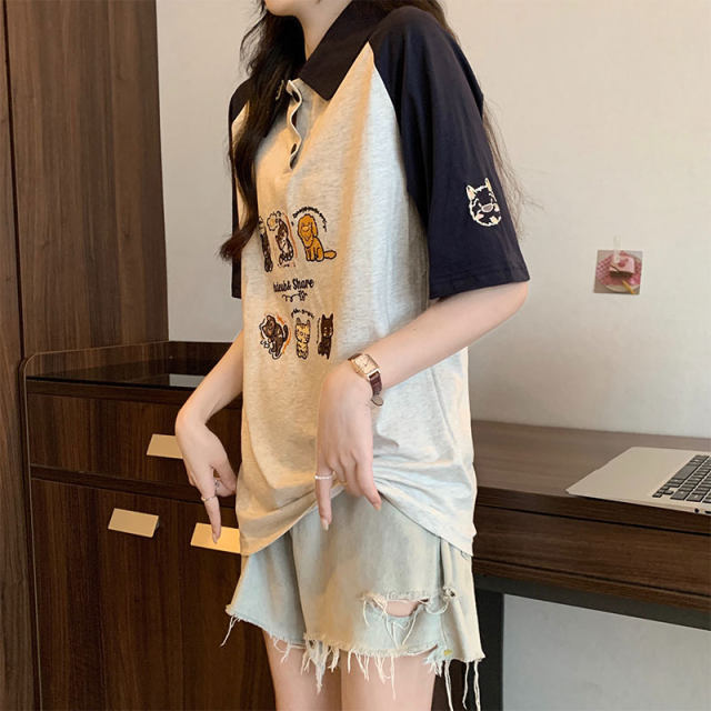 Cotton new POLO lapel stitching tide brand short -sleeved T -shirt women loose cartoon embroidery half -sleeved shirt