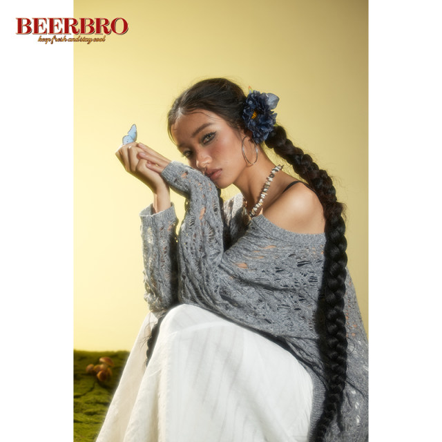 BeerBro spring and summer new texture hollow sweater cardigan lazy style loose silhouette hot girl knitted cardigan
