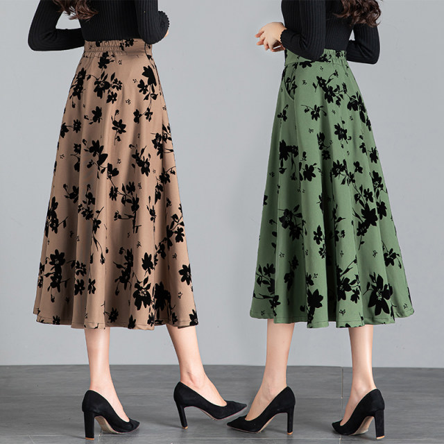 Women's Spring and Autumn 2025 new high-waisted A-line skirt to make you look slim mid-length printed pleated skirt large hem umbrella skirt