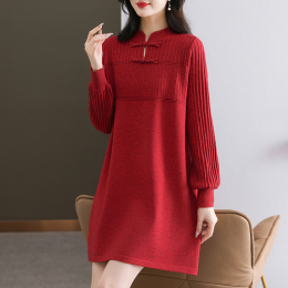 Mom wore autumn and winter large wool knitted dress Chinese style national wind cheongsam middle long sweater