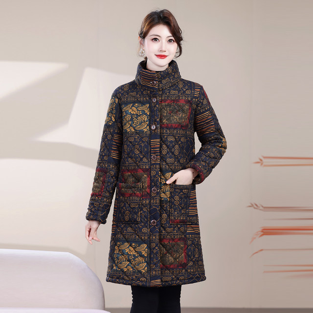 
Retro stand-up collar cotton coat for women in autumn and winter new style plus velvet and thickened fashionable warm mother's wear mid-length cotton coat for women