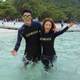 
Couple sun protection diving suits for women, split slimming men, jellyfish suits, snorkeling, surfing, long sleeves, trousers, skirt style conservative swimsuit