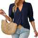 Cross-border European and American women's clothing 2024 Amazon Spring and Summer New Solid Color V-neck Mid Sleeve Comfortable Breathable Casual Top 723

