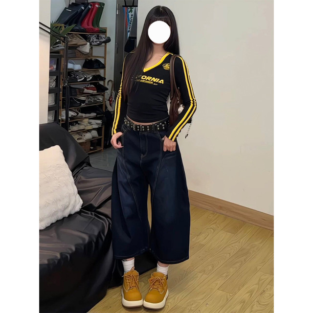 Large size fat mm American back embroidered scimitar pants jeans for women's summer new wide-leg cropped pants shorts