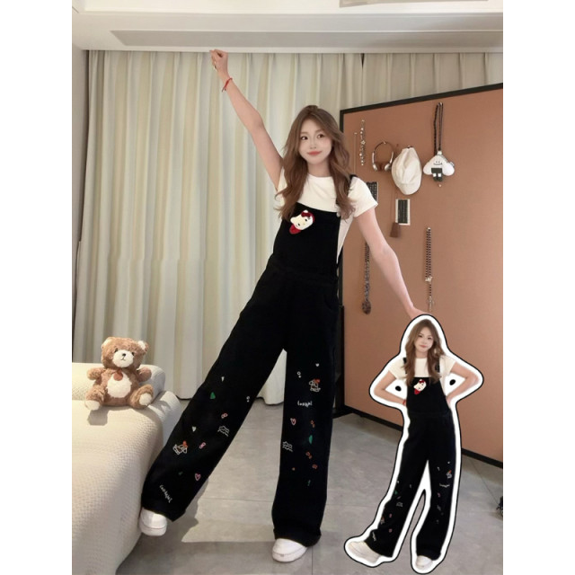 Large size fat mm sweet cool style age-reducing embroidery black denim overalls for women 2025 summer loose casual wide-leg pants