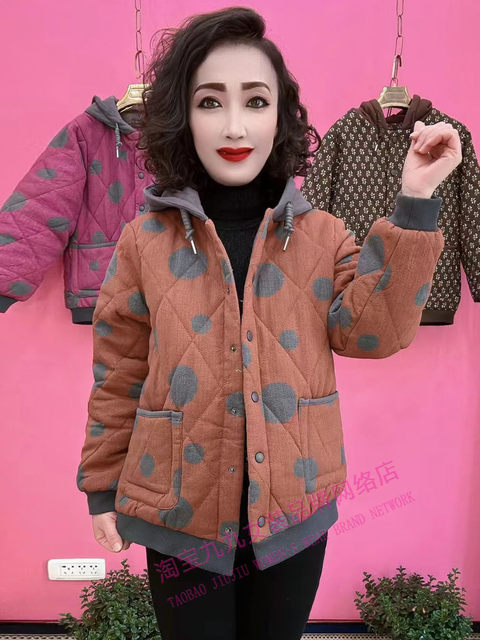 Hooded polka dot printed cotton jacket for women in autumn and winter new style mother suit loose thickened fashionable casual cotton jacket