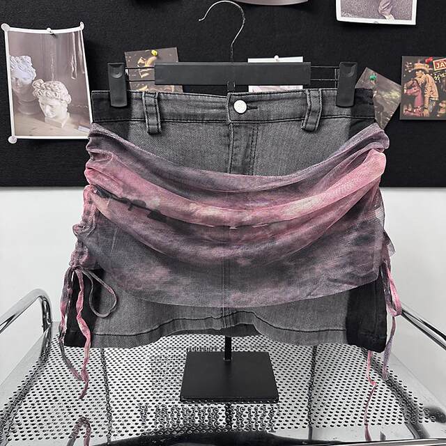 Design-sensible mesh splicing denim skirt for women in summer high-waisted A-line high-end hip-pack skirt skirt
