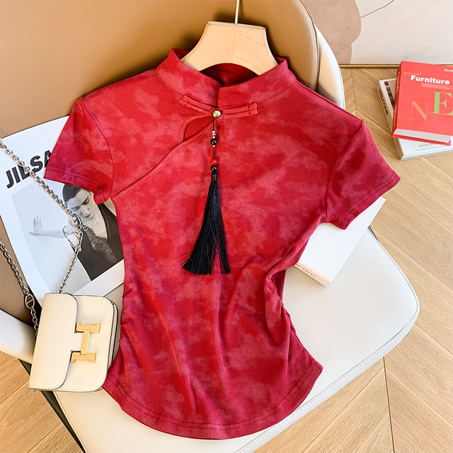White new Chinese style tie-dye short-sleeved T-shirt for women in 2025 summer new stand collar to make them look slim and cover the flesh and shoulder top