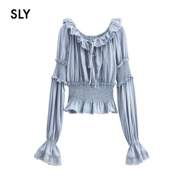 SLY Sweet Lady Style One-Line Collar Bow Flap Sleeve Lace Lace Shirt Women 038HAZ30-0281