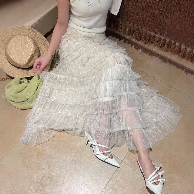 European Station 2025 Spring New V+.COM Fashionable and versatile mesh mid-length skirt Cake skirt
