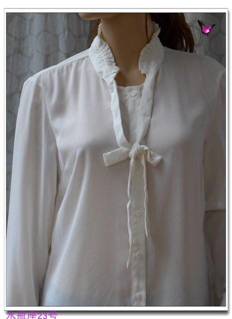 Spring and summer black and white stand collar tie ribbon straight commuter women long sleeve chiffon shirt thin shirt flared sleeves