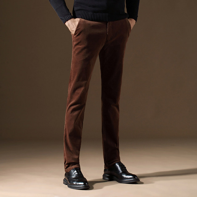 Autumn and winter corduroy men's pants winter men's casual pants plus velvet thickened strip velvet pants slim-fitting small feet long pants men