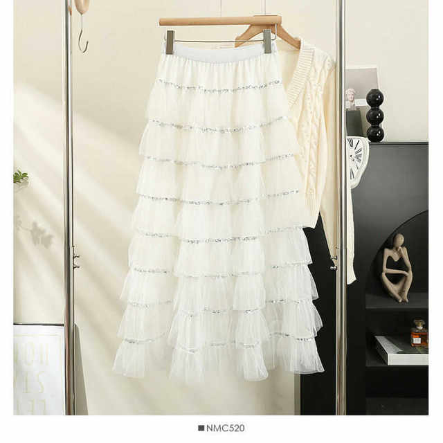 2024 spring and summer new French style sweet sequin spliced ​​mesh high waist big A-line cake skirt for women