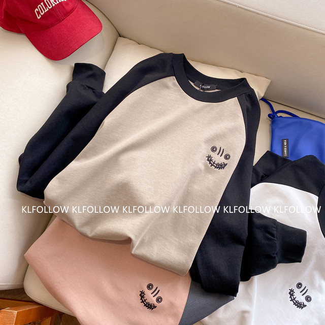 KLFOLLOW embroidered smiley face inserted shoulder sleeves stitching loose long -sleeved T -shirts spring and autumn oversize couple European and American tide
