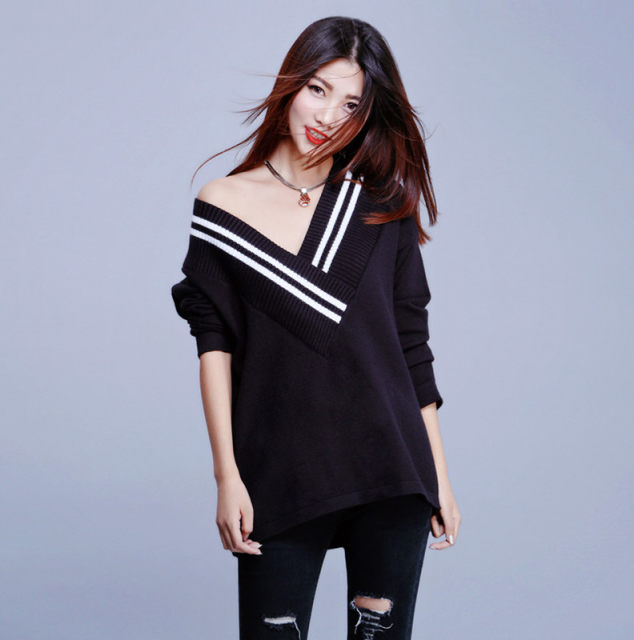 Fei Color European Station Lazy Loose Large Size Long Sleeve Pullover Mid-Length Black Low Large V-Neck Sweater Knitwear for Women