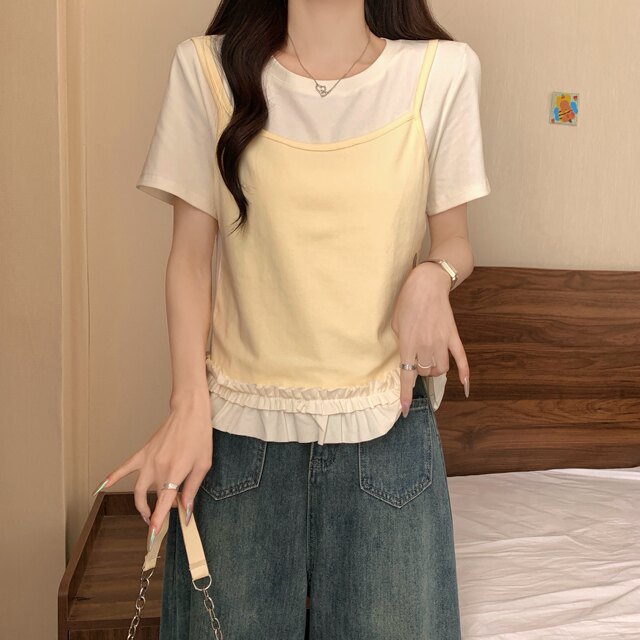 Large size high-end slinging suspender splicing fake two-piece short-sleeved T-shirt for women in summer fat MM covering belly to make them look slim and ruffled top
