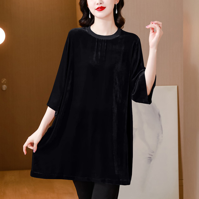 Red small shirt female seven -point sleeve top spring and autumn new real silk velvet T -shirt mother medium long models cover belly to bottom