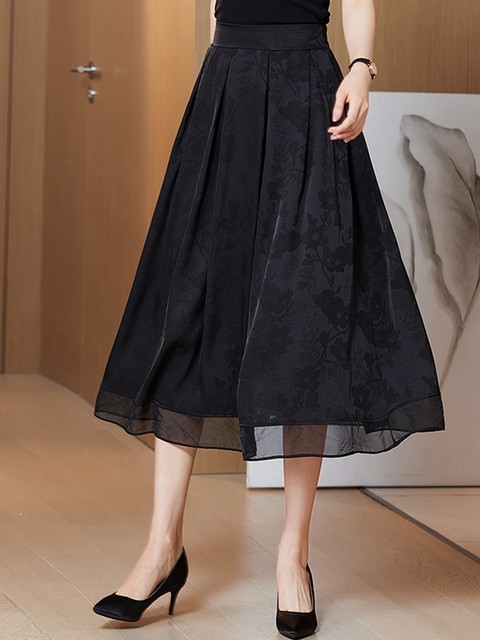 Xiangyunsha skirt women's summer mid-length national style skirt spring and autumn mother's a-line black silk skirt large size