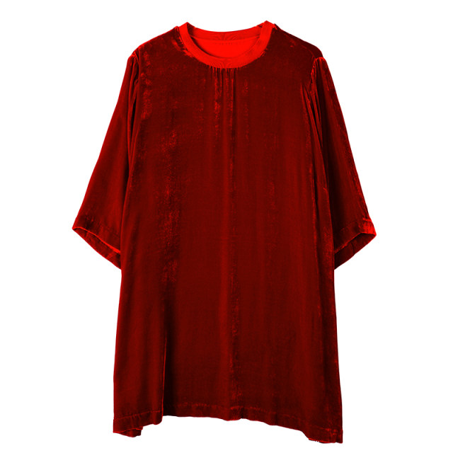 Red small shirt female seven -point sleeve top spring and autumn new real silk velvet T -shirt mother medium long models cover belly to bottom