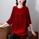 Red small shirt female seven -point sleeve top spring and autumn new real silk velvet T -shirt mother medium long models cover belly to bottom
