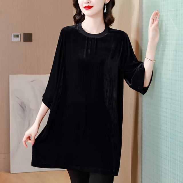 Red small shirt female seven -point sleeve top spring and autumn new real silk velvet T -shirt mother medium long models cover belly to bottom