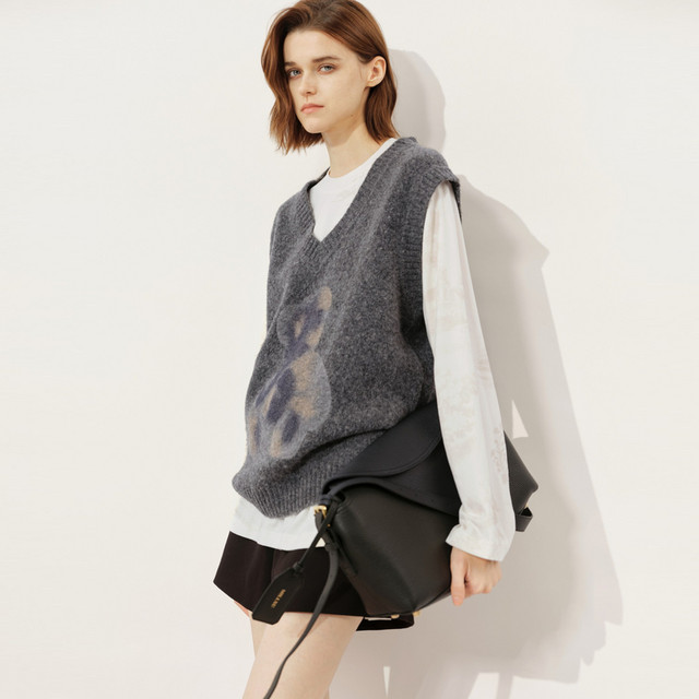 
U/TI Gray V-neck Sheep Wool Vest Women's Designed Jacquard Sleeveless Sweater Youti 2025 Winter New Style