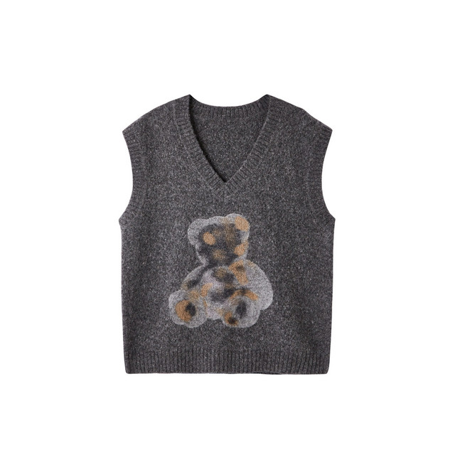 
U/TI Gray V-neck Sheep Wool Vest Women's Designed Jacquard Sleeveless Sweater Youti 2025 Winter New Style
