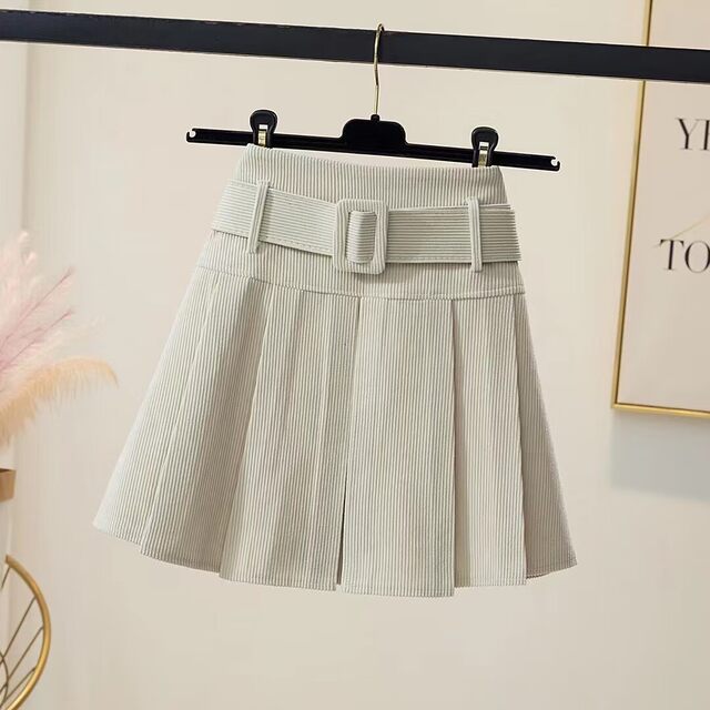 Corduroy pleated skirt autumn and winter 2025 new high-waisted slim niche A-line short skirt for women with leather belt skirt
