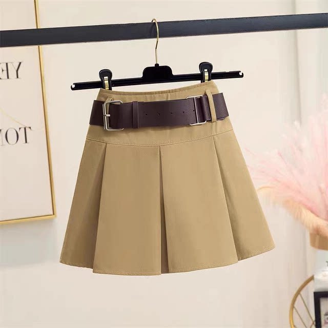 Maillard skirt for women's autumn new American miniskirt with leather belt Hong Kong style retro brown pleated skirt