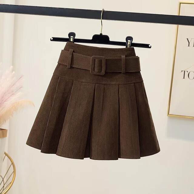 Corduroy pleated skirt autumn and winter 2025 new high-waisted slim niche A-line short skirt for women with leather belt skirt
