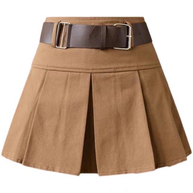 Maillard skirt for women's autumn new American miniskirt with leather belt Hong Kong style retro brown pleated skirt