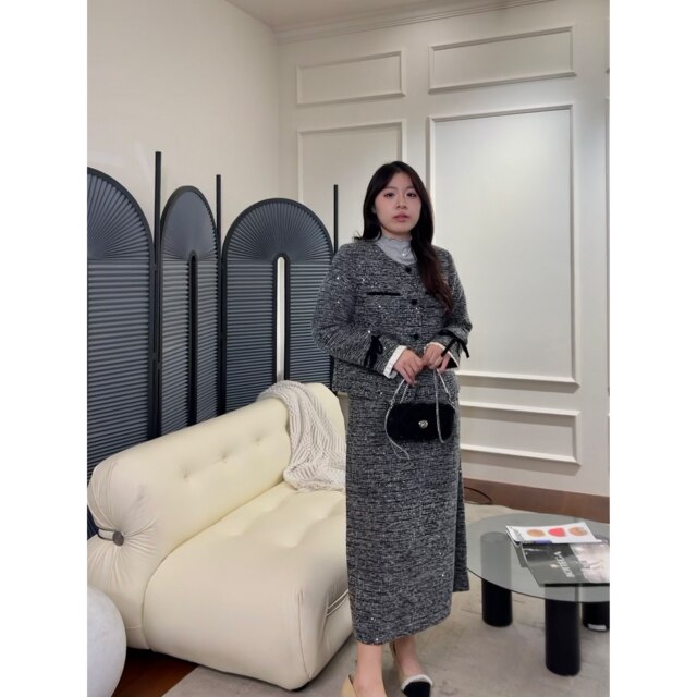 Meat roll family small fat big size women's wool chaebol Qianjin Xiaoxiang style high-end fat mm jacket skirt suit
