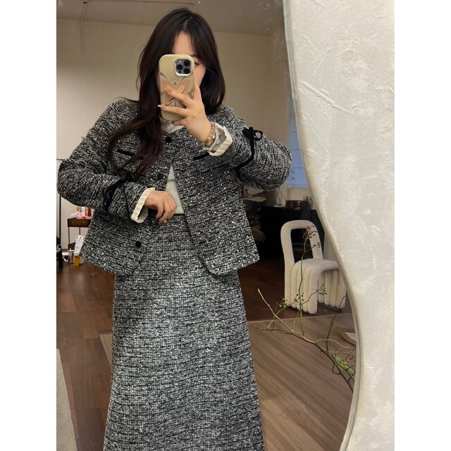 Meat roll family small fat big size women's wool chaebol Qianjin Xiaoxiang style high-end fat mm jacket skirt suit