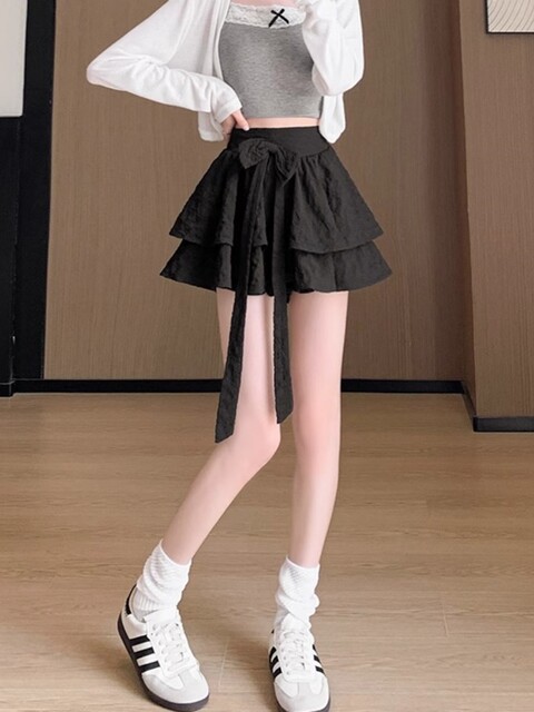 French retro ballet style fluffy cake skirt for women spring, autumn and summer a-line bow high-waist strap skirt