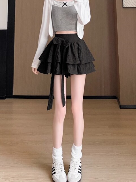 French retro ballet style fluffy cake skirt for women spring, autumn and summer a-line bow high-waist strap skirt