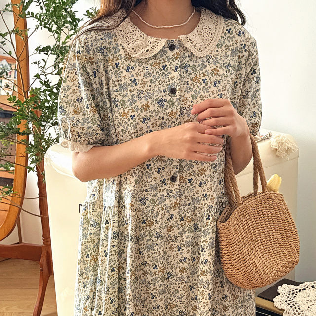 Forest summer pastoral style blue floral short-sleeved dress retro lace lace doll collar sweet long skirt