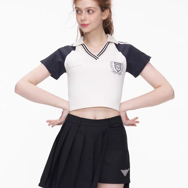 American retro v-neck contrasting color rag-shoulder short-sleeved T-shirt for women's summer high waist slim navel exposed short polo shirt hot girl top
