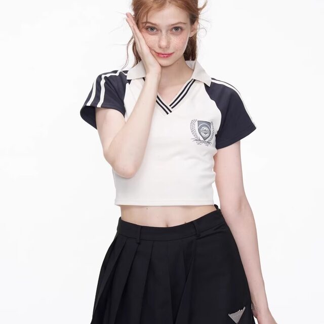 American retro v-neck contrasting color rag-shoulder short-sleeved T-shirt for women's summer high waist slim navel exposed short polo shirt hot girl top