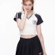 American retro v-neck contrasting color rag-shoulder short-sleeved T-shirt for women's summer high waist slim navel exposed short polo shirt hot girl top