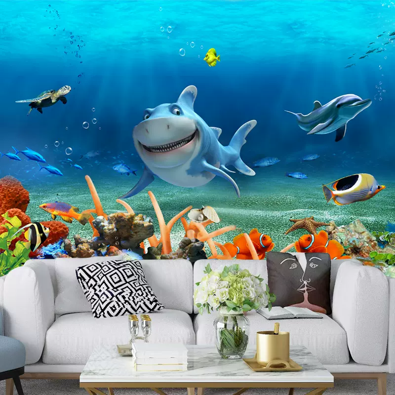 壁纸海洋3d海底动物世界自粘墙纸母婴儿游泳馆主题酒店