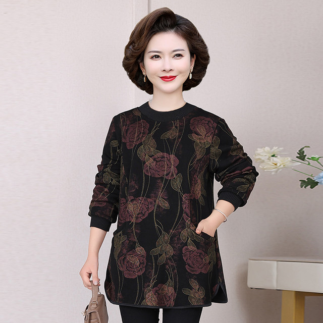 Fat mother plus velvet long sleeve middle-aged and elderly women plus fat plus large size autumn and winter clothes thickened fashionable base shirt special body top