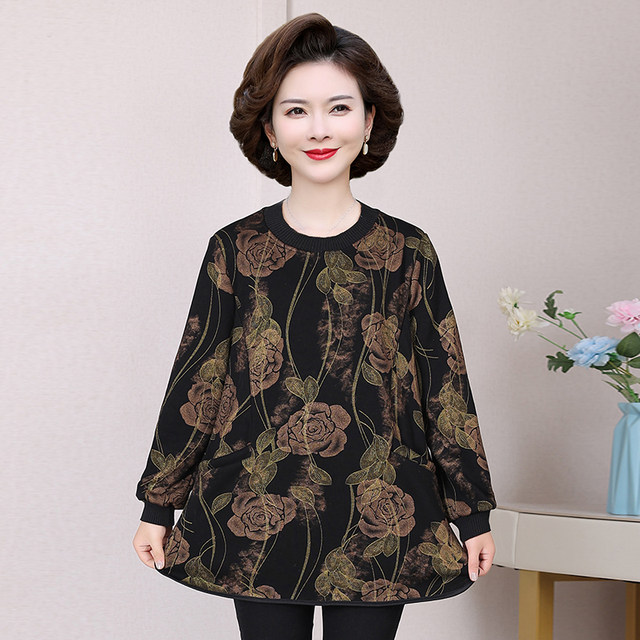 Fat mother plus velvet long sleeve middle-aged and elderly women plus fat plus large size autumn and winter clothes thickened fashionable base shirt special body top