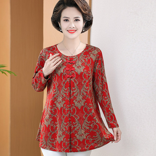 New style of middle-aged and elderly women's spring and autumn clothing belly covering bottom shirt mother plus fat plus large size long-sleeved T-shirt special body top
