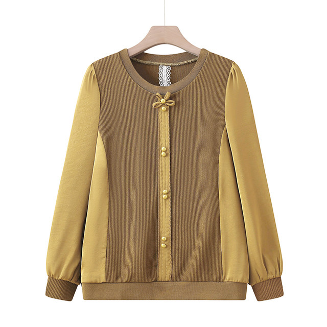 2025 new style fat mother autumn suit plus fat plus size long sleeves middle-aged and elderly fashionable top middle-aged women T-shirt