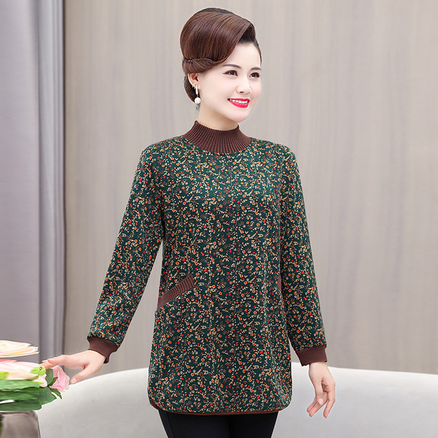 Mom plus fat plus size medium-length base shirt middle-aged plus velvet long sleeve middle-aged and elderly women's autumn and winter thick top