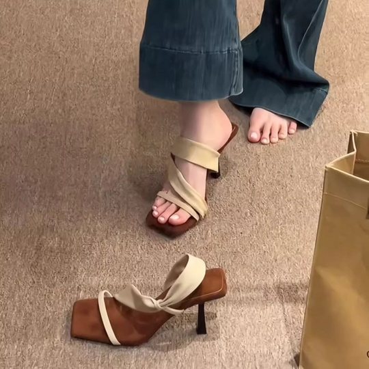 French style beautiful small high heels for women 2025 summer new square toe open toe sandals temperament retro single shoes heightening slippers