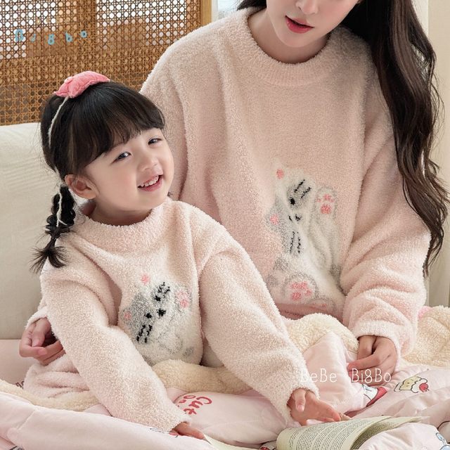 bi8bo children's pajamas half-length fleece home clothing set 2025 late autumn and winter new casual parent-child style 31590