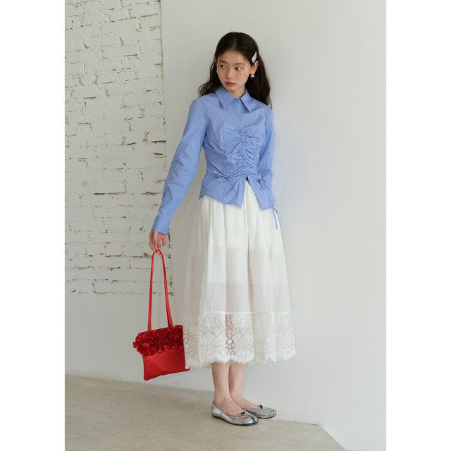 BLUEerror waist-hugging and slimming unique drawstring white striped long-sleeved shirt for women in summer